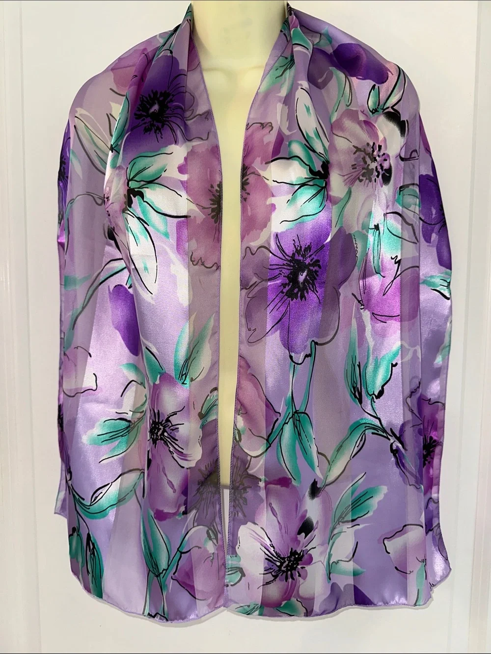 Vintage Apexx Collection Purple & Green Floral Print Long Silk Feel Scarf